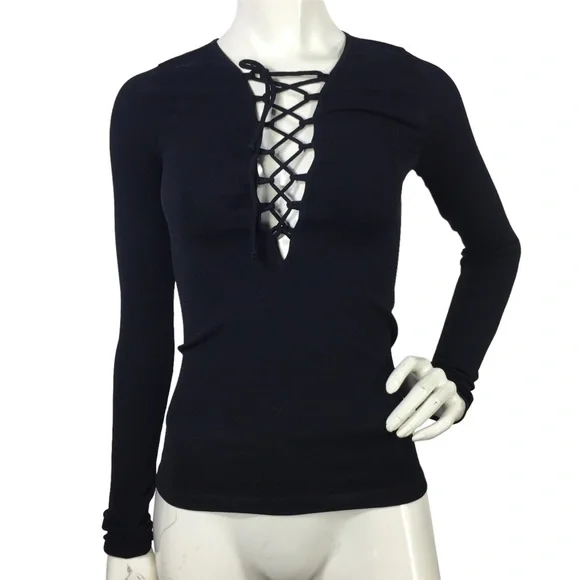 Free People Ribbed Long Sleeve Top Black M/L - Picture 3 of 15